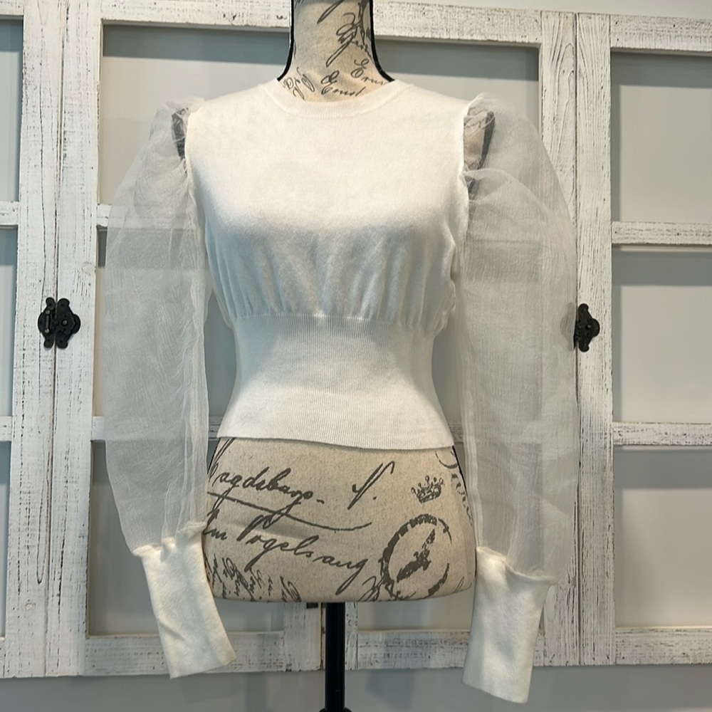 Vestique Soft Crew Neck Sweater Sheer Sleeves Cream Color Size Large